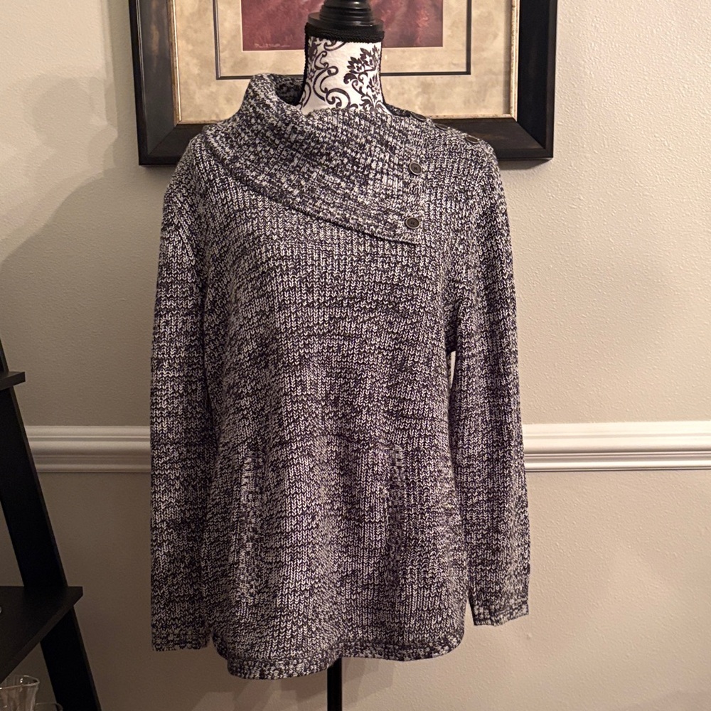 Women's Black and White Sweater with Button Detail
